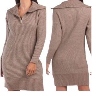 Cupcakes and Cashmere women tan notch collar long sleeves sweater dress Med